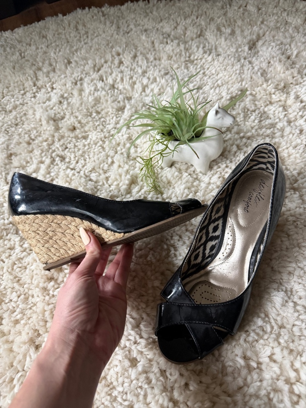 Dexter Black Patent Peep-Toe spring evening going out comfy Espadrille Wedges bl